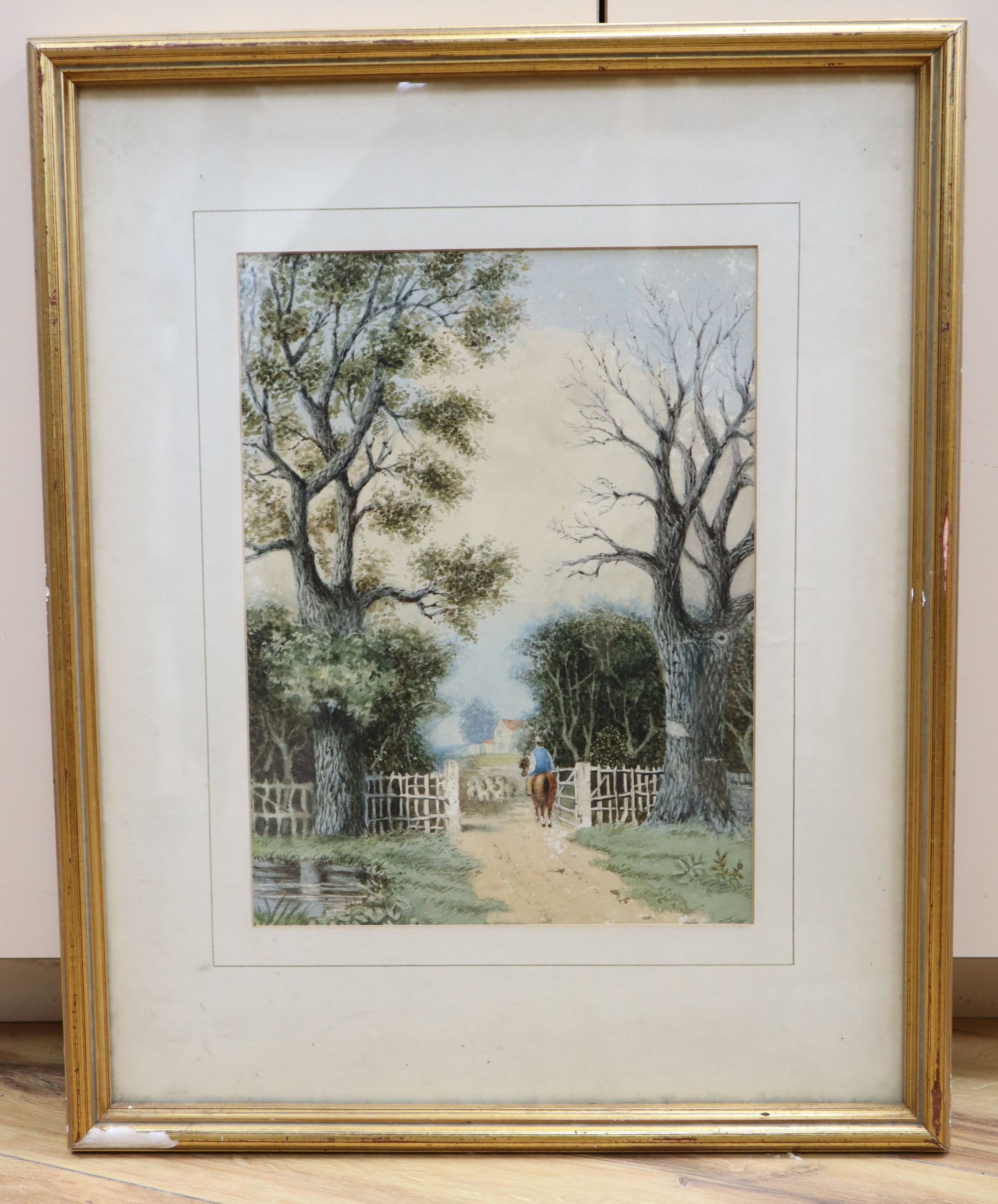 English School c.1900, watercolour, Shepherd and flock on a lane, 33 x 24cm